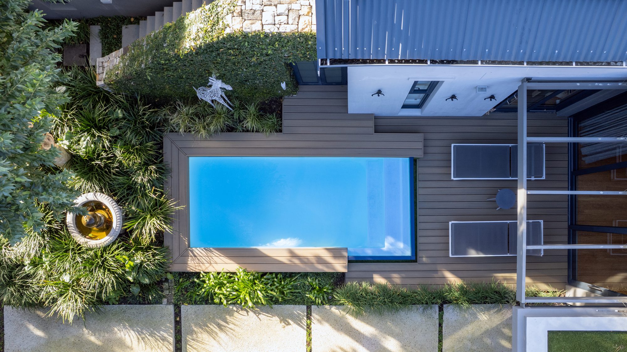 Aerial view of a composite deck and pool